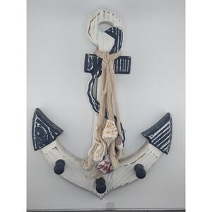 Wooden Anchor Wall Hanger Blue/White‎ Distressed Seashells Rope 3 Pegs
